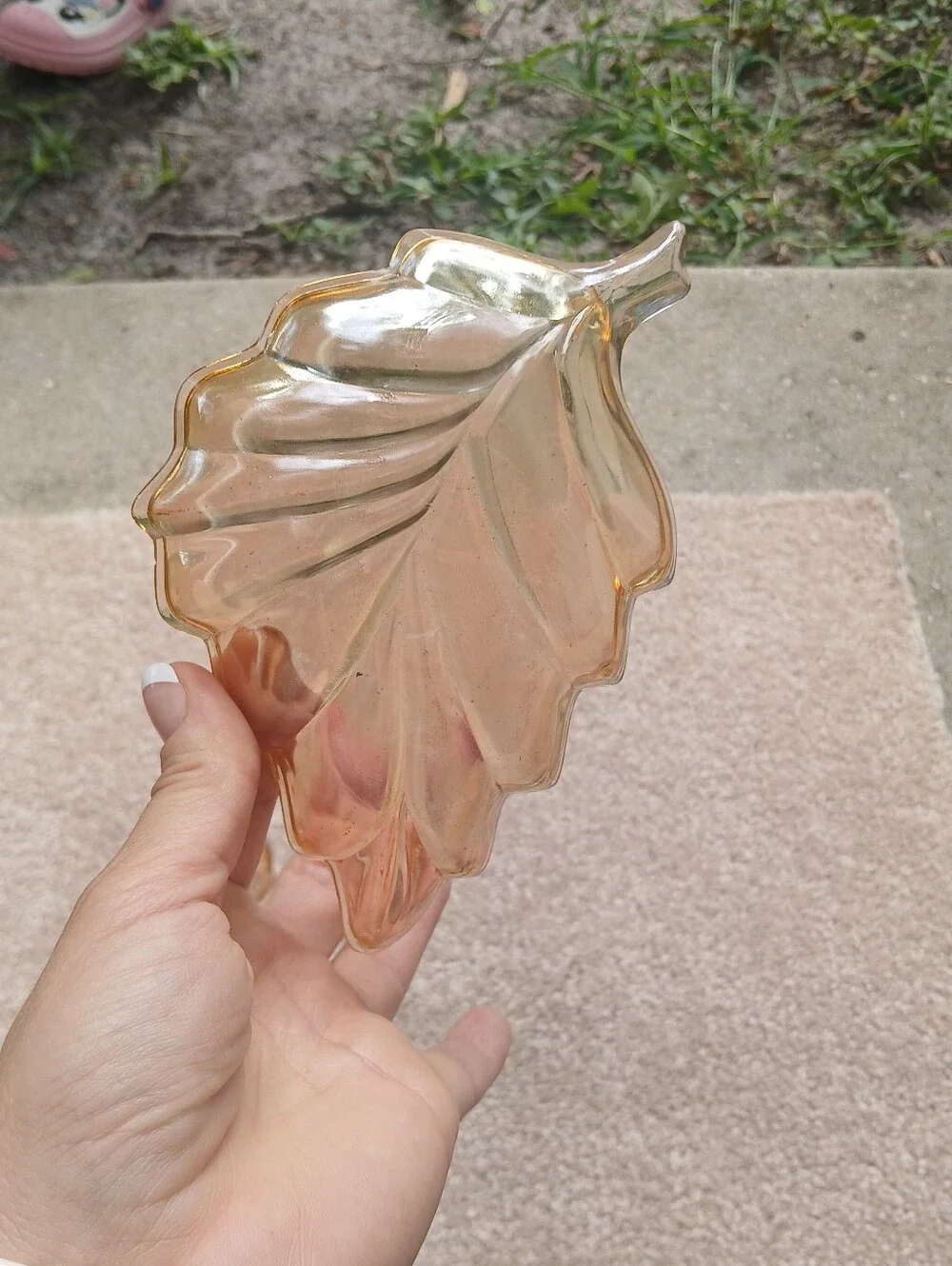 Set Of Two,, Vintage Jeanette Iridescent Marigold Carnival Glass Leaf Shape Dish